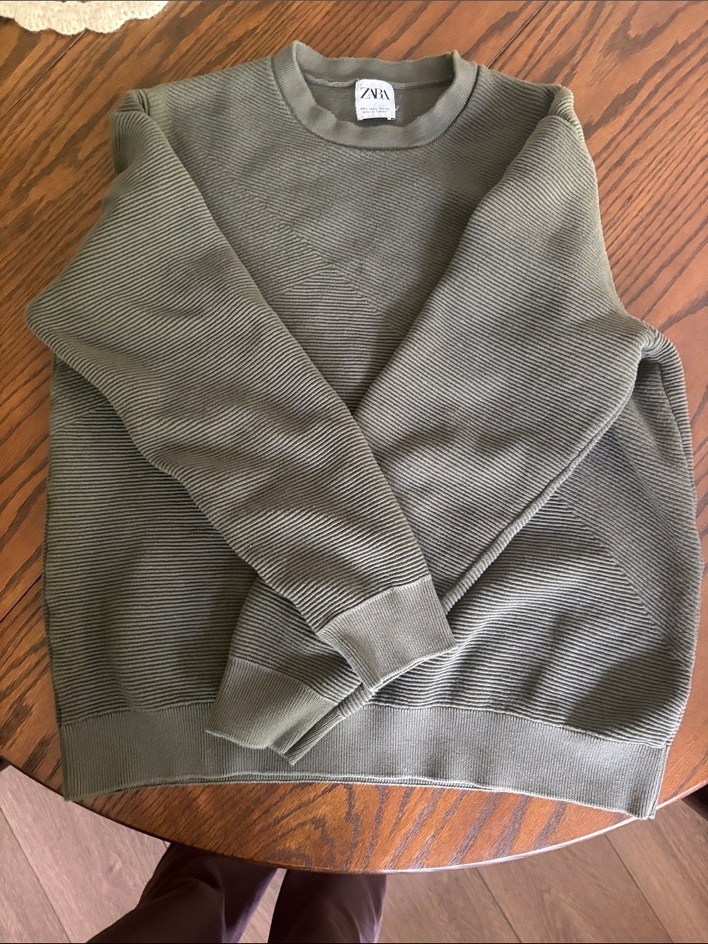 Zara Men's Olive Ribbed Crewneck Sweater